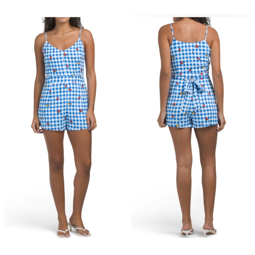 Sugarlips Romper Womens S Blue Gingham Floral Embroidered Tie Waist Coquette NWT